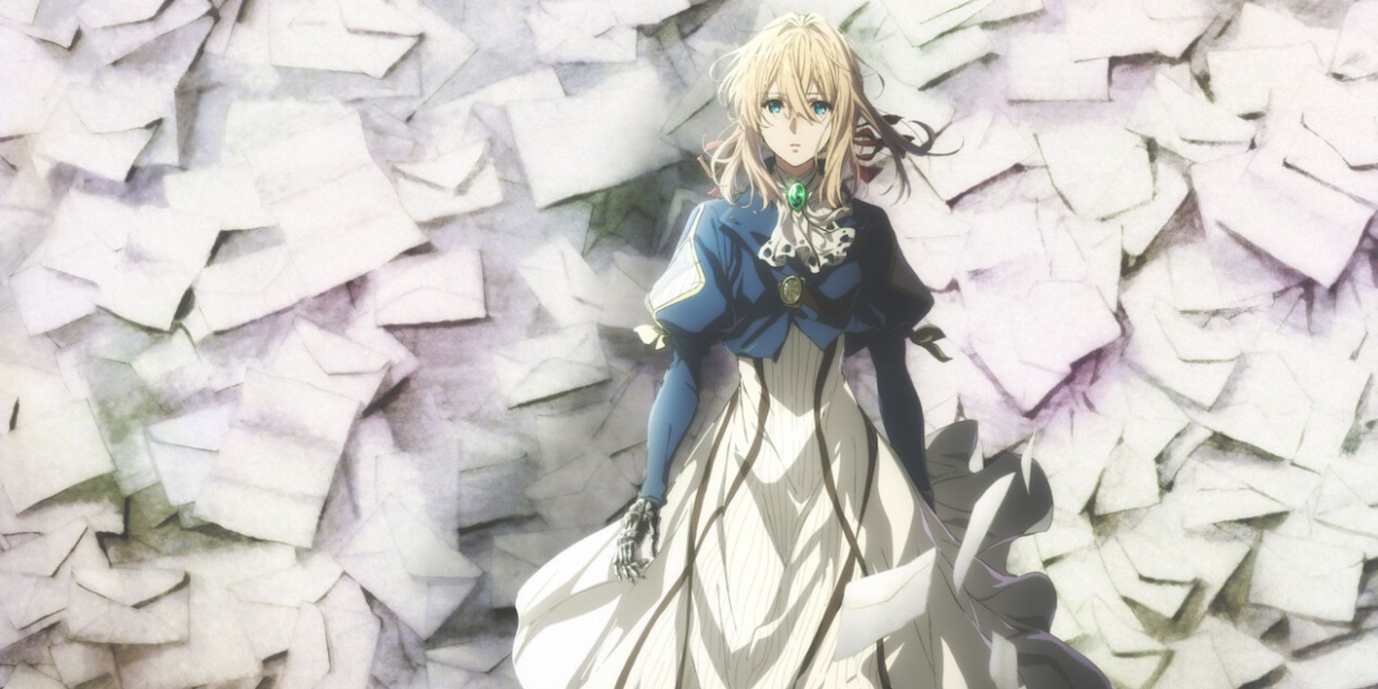 violet evergarden standing amidst papers