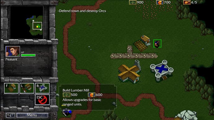 A screenshot from Warcraft 1 Remastered, showing a human settlement being built on grass.