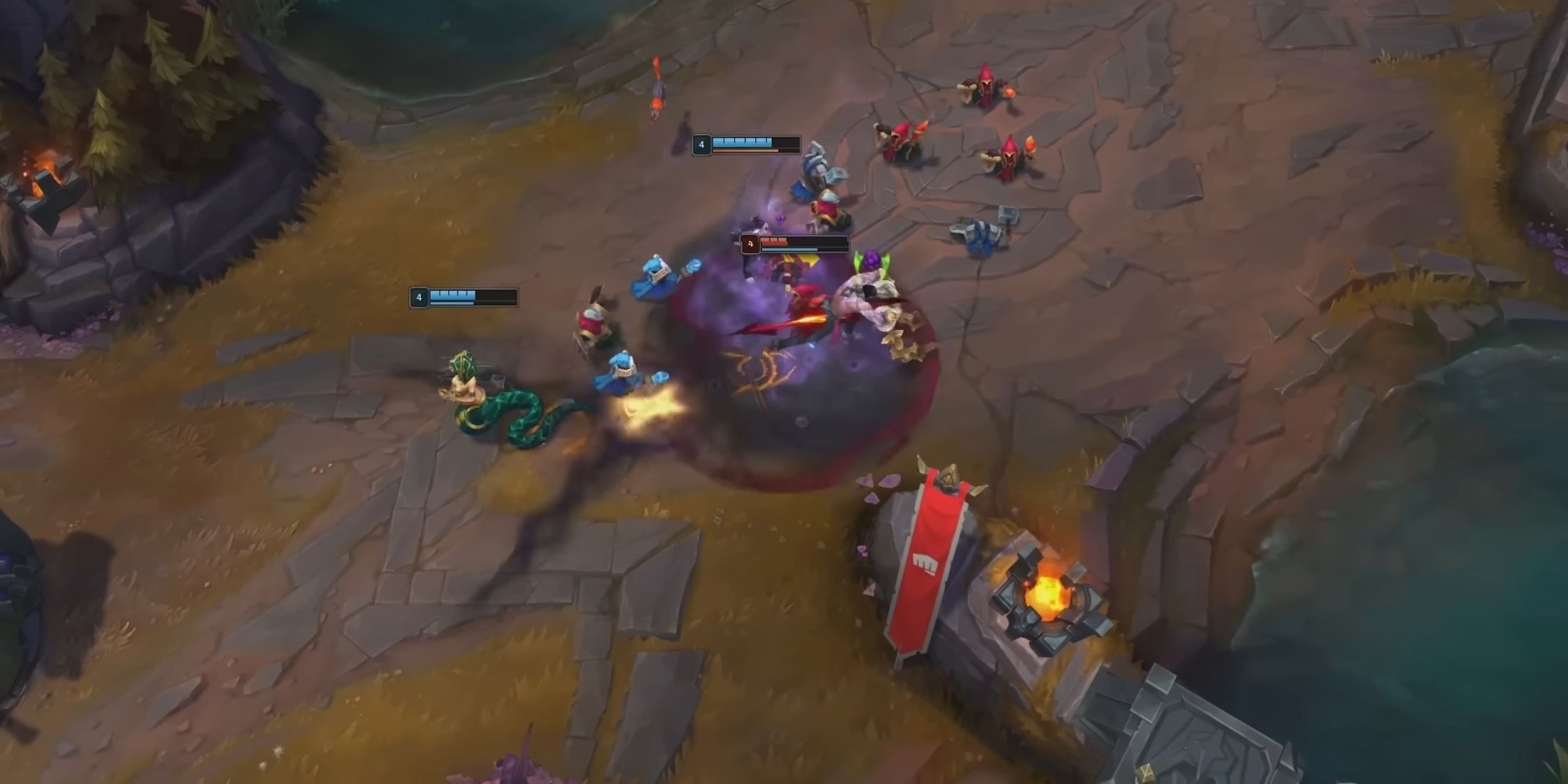 A dynamic mid-lane battle featuring Noxian minions and champions, with intense abilities being cast