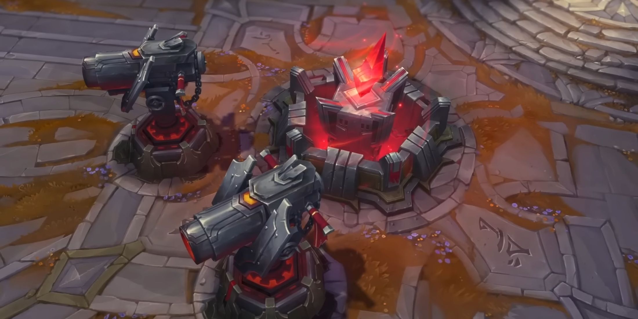 A pair of fortified Noxian turrets guarding a base structure with a glowing red crystal core in League of Legends