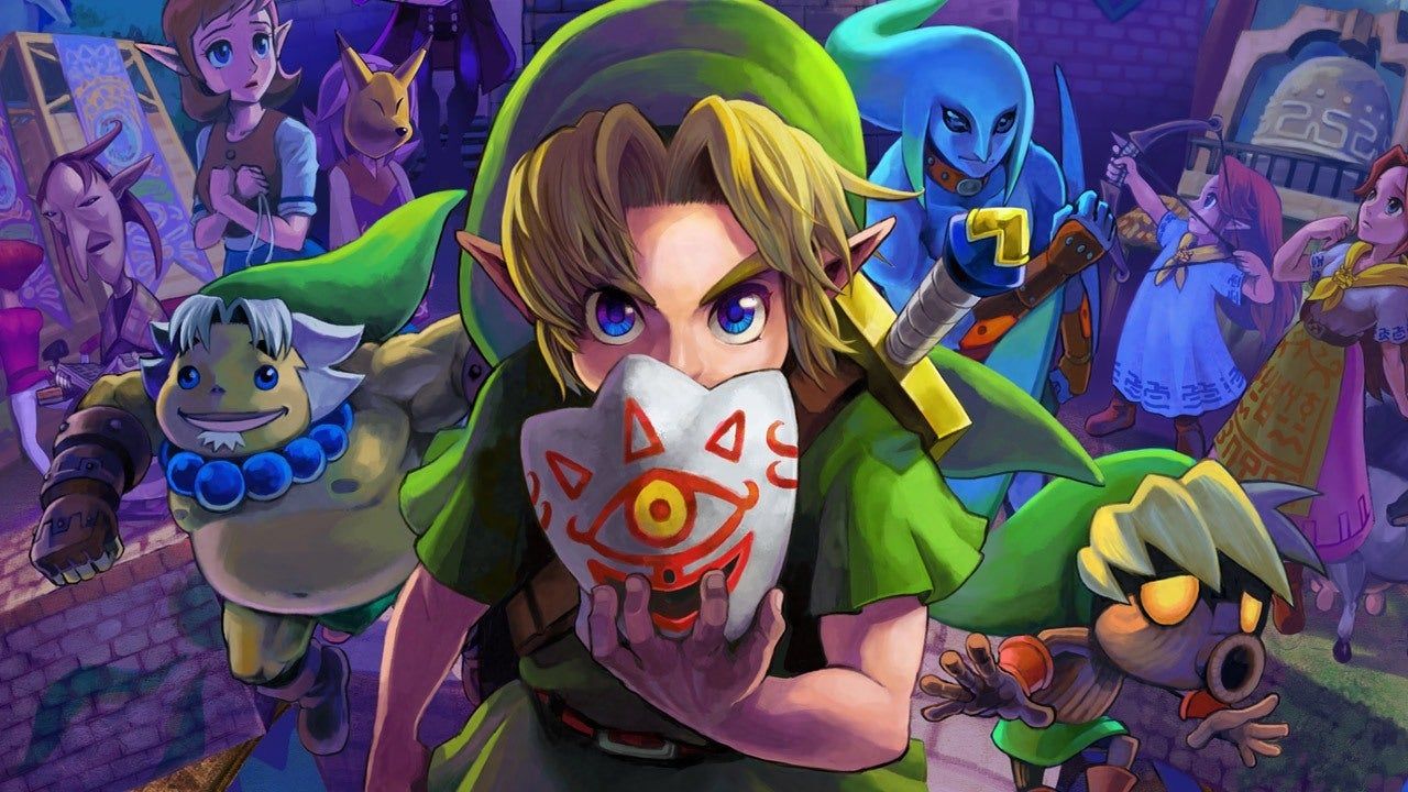 Link holding Majora's Mask, one of the best 3D Zelda games. 