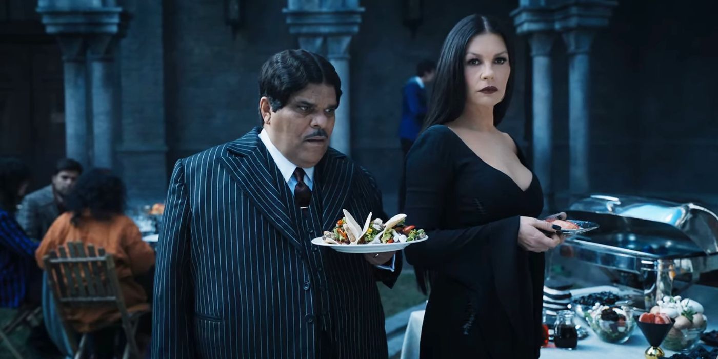 Gomez and Morticia Addams at the Nevermore Family Day Feast in Wednesday.