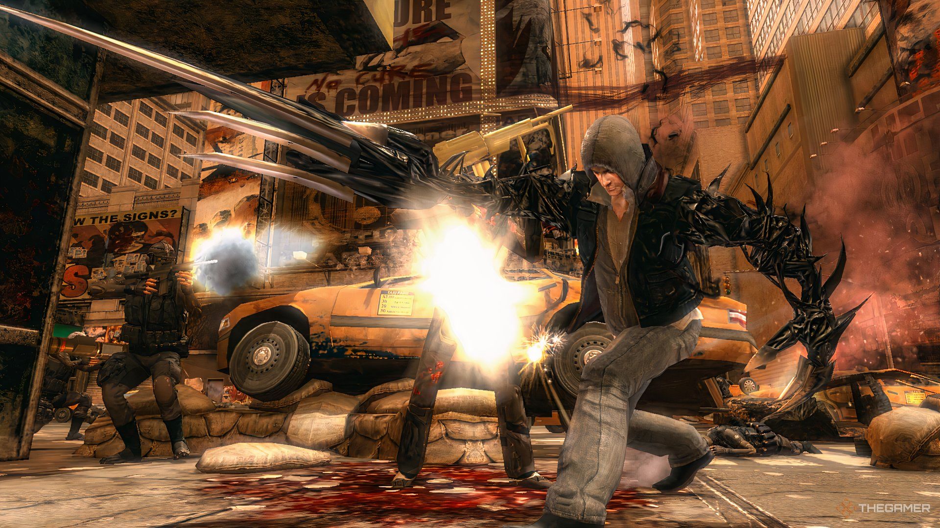 Alex Mercer slashing an enemy with his claws in Prototype.