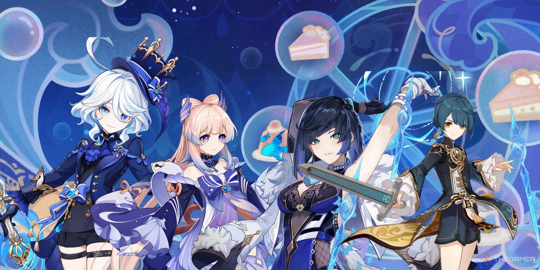 Furina, Kokomi, Yelan, and Xingqiu forming a Mono-Hydro team in front of Furina's Namecard in Genshin Impact.