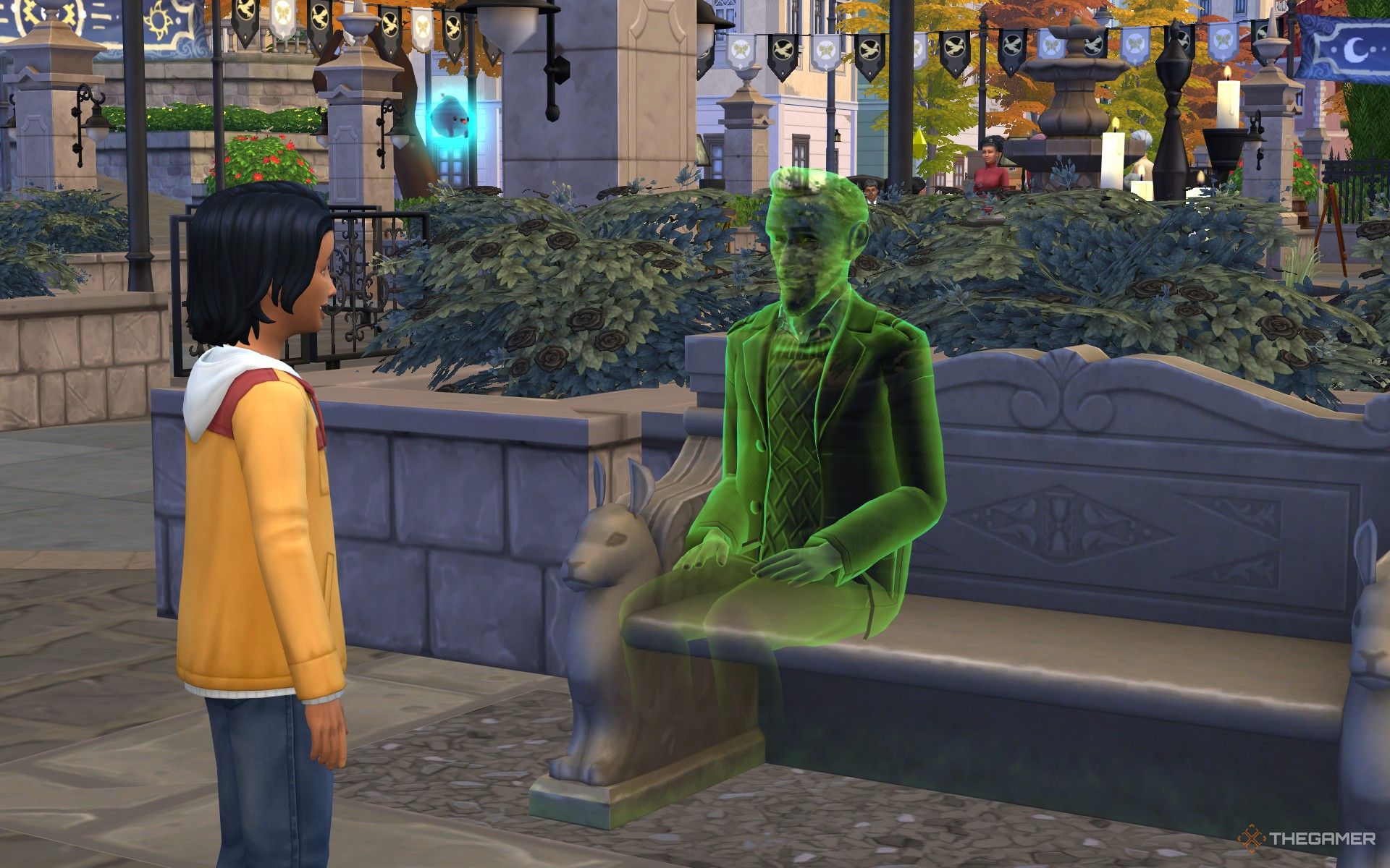 Waylon Warez the Mysterious Merchant talking to a child at Ravenwood Family Day in The Sims 4 Life and Death.