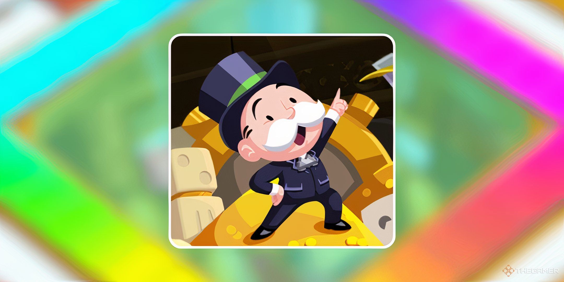 Mr. Monopoly on the Bank of Monopoly board celebrating you getting rewards, with the Bank of Monopoly board and rewards in the background.