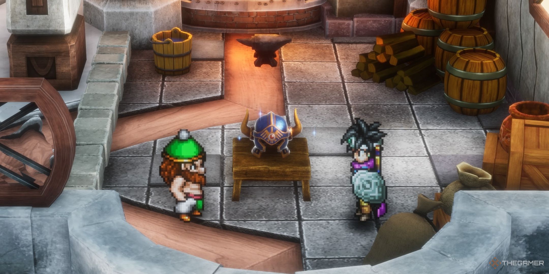 DRAGON QUEST III HD-2D Remake The dwarf and hero looking at the auroral helm.