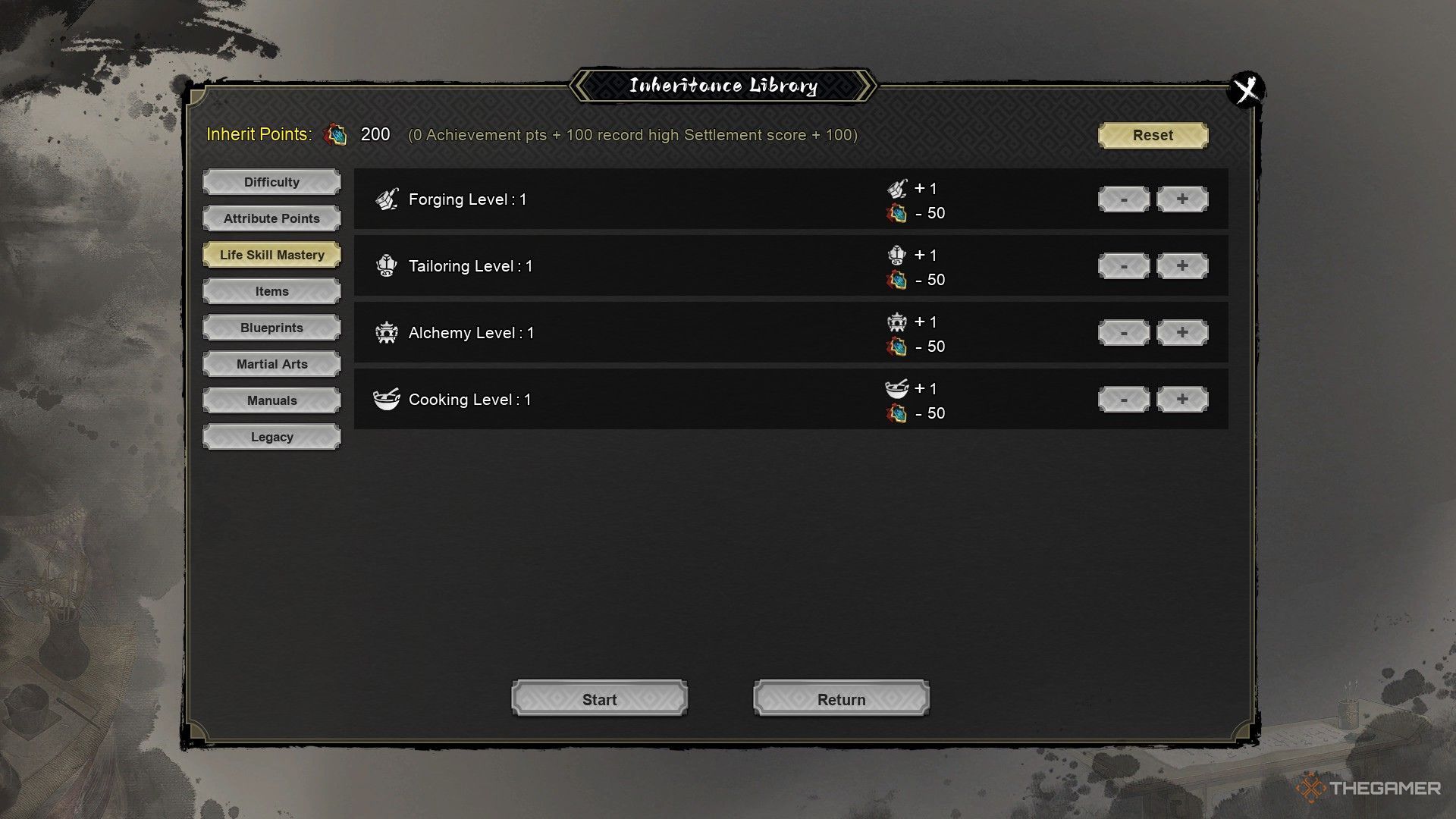 The image shows the Life Mastery Tab in the Inheritance Menu in Wandering Sword.