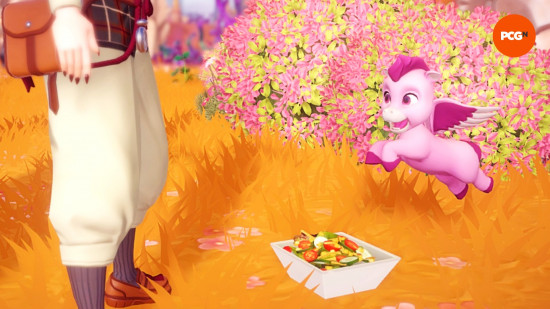 How to feed Dreamlight Valley Pegasi: A pink Dreamlight Valley Pegasus jumps with glee at a salad placed in front of it.