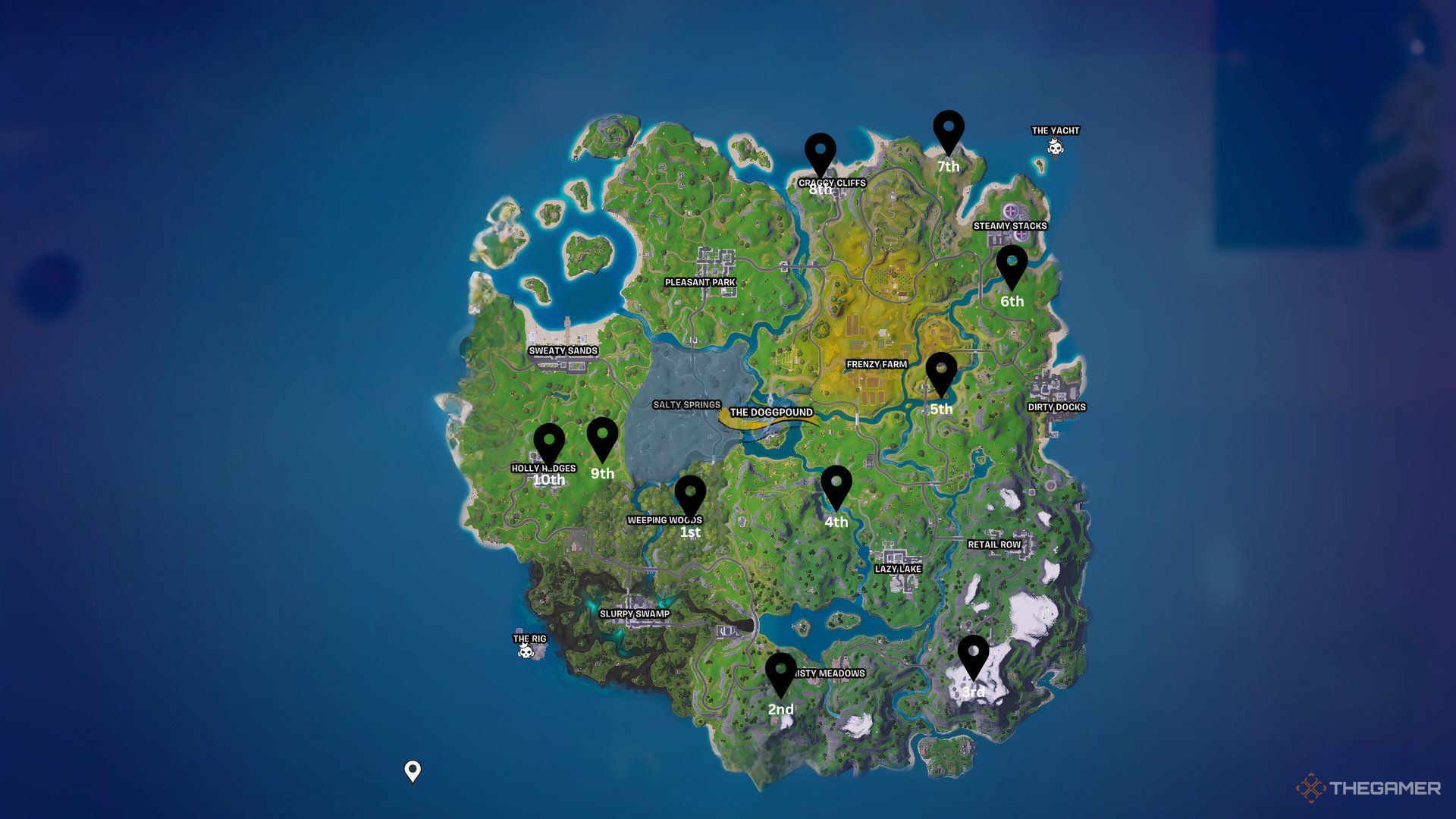 A screenshot of the Fortnite map with the hidden gnome locations. 