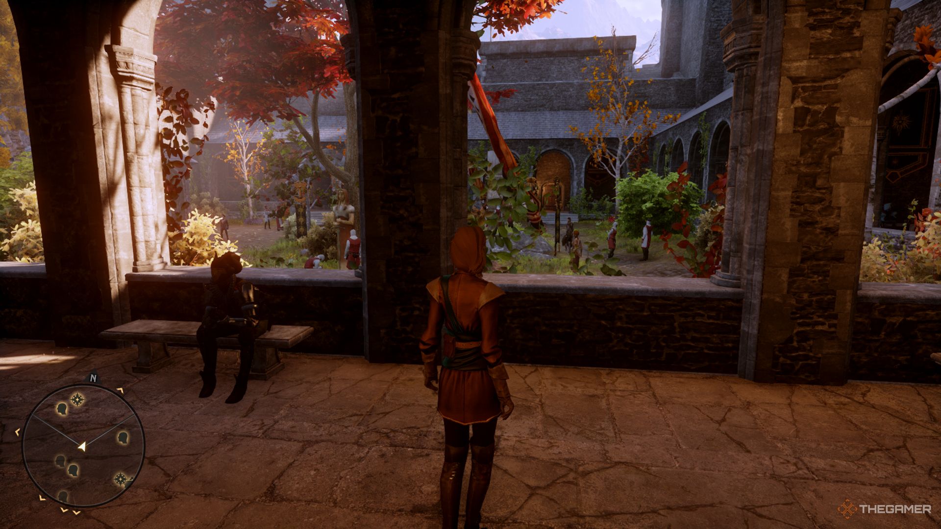 Dragon Age Inquisition screenshot of the Inquisitor standing outside the Skyhold garden.