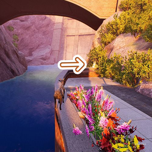 An orange arrow points the trophy that is underneath a bridge near a canal in Goat Simulator Remastered