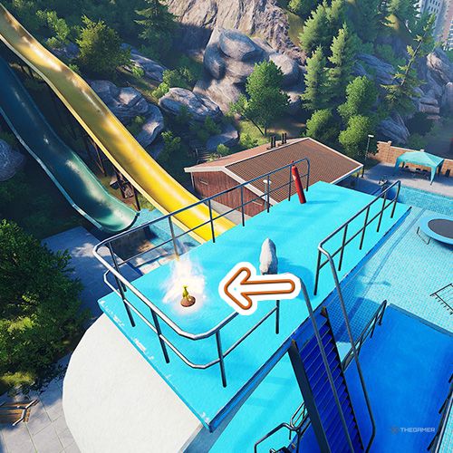 An orange arrow points the trophy that is on top of a diving platform in Goat Simulator Remastered