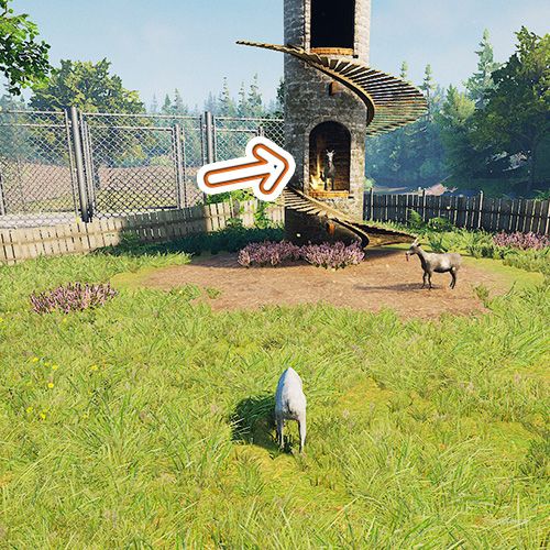 An arrow shows the location of a trophy that is behind a goat which is inside spiral tower in Goat Simulator Remastered