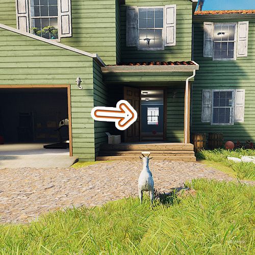 An arrow shows the entrance of a green house in Goat Simulator Remastered