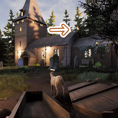 An orange arrow points the trophy that is on top of the roof in Goat Simulator Remastered