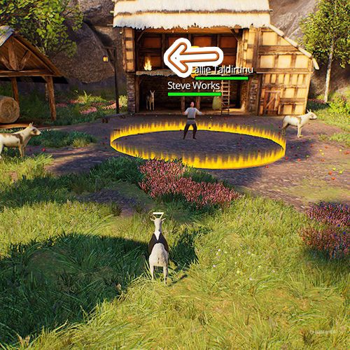 An orange arrow points the trophy that is on the second floor of a village building which is behind a NPC named Steve Works in Goat Simulator Remastered