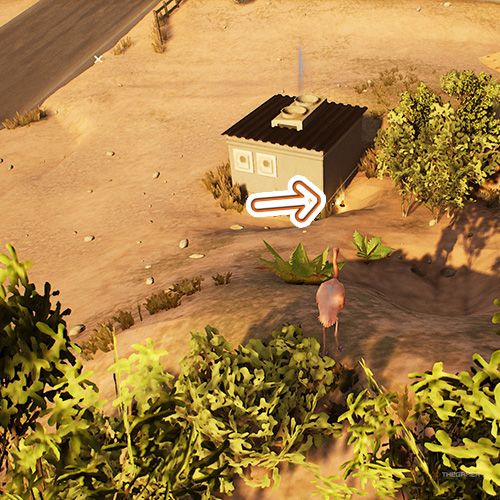 An orange arrow points the trophy that is behind a HVAC unit in Goat Simulator Remastered