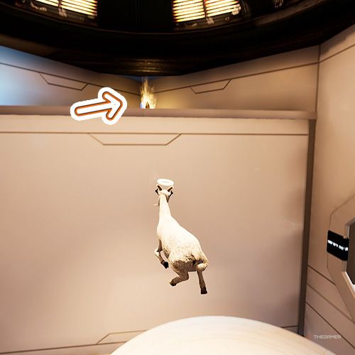 An orange arrow points the trophy that is inside the landing pad lift in Goat Simulator Remastered