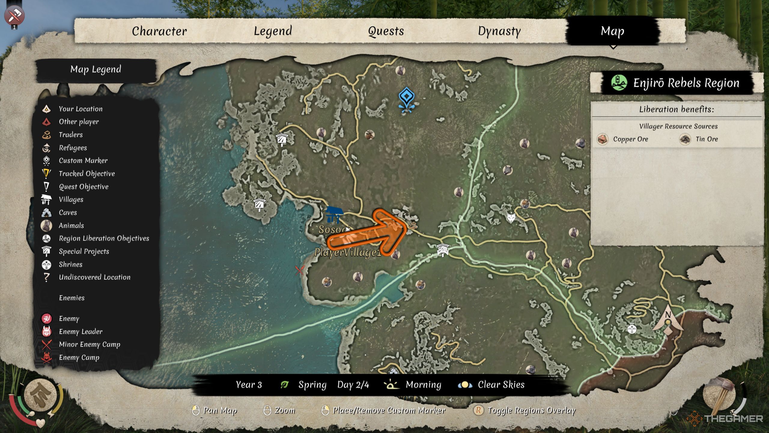 Sengoku Dynasty map with arrow pointing at some early bamboo location.