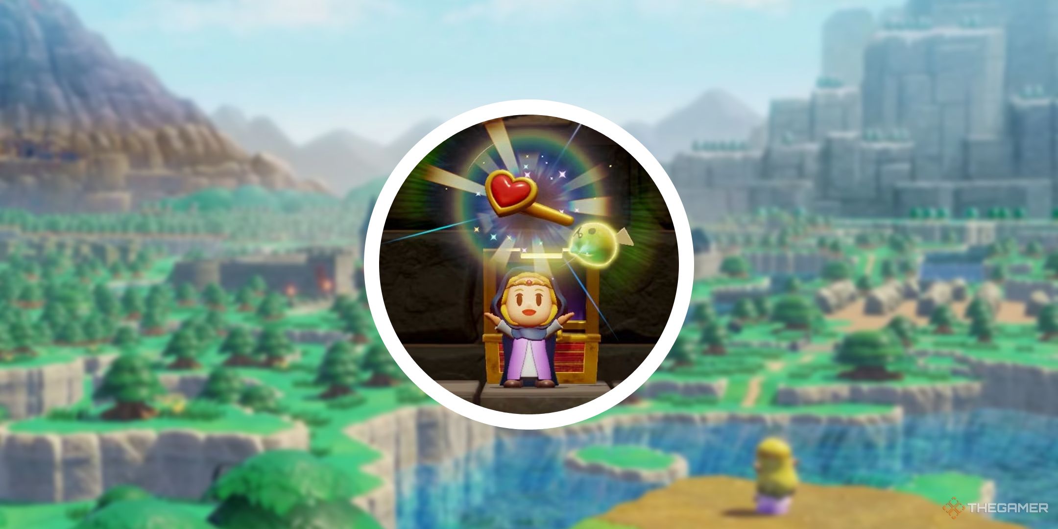 A blurry image of Zelda looking over Hyrule with a circle PNG showing Zelda obtaining the heart pin.