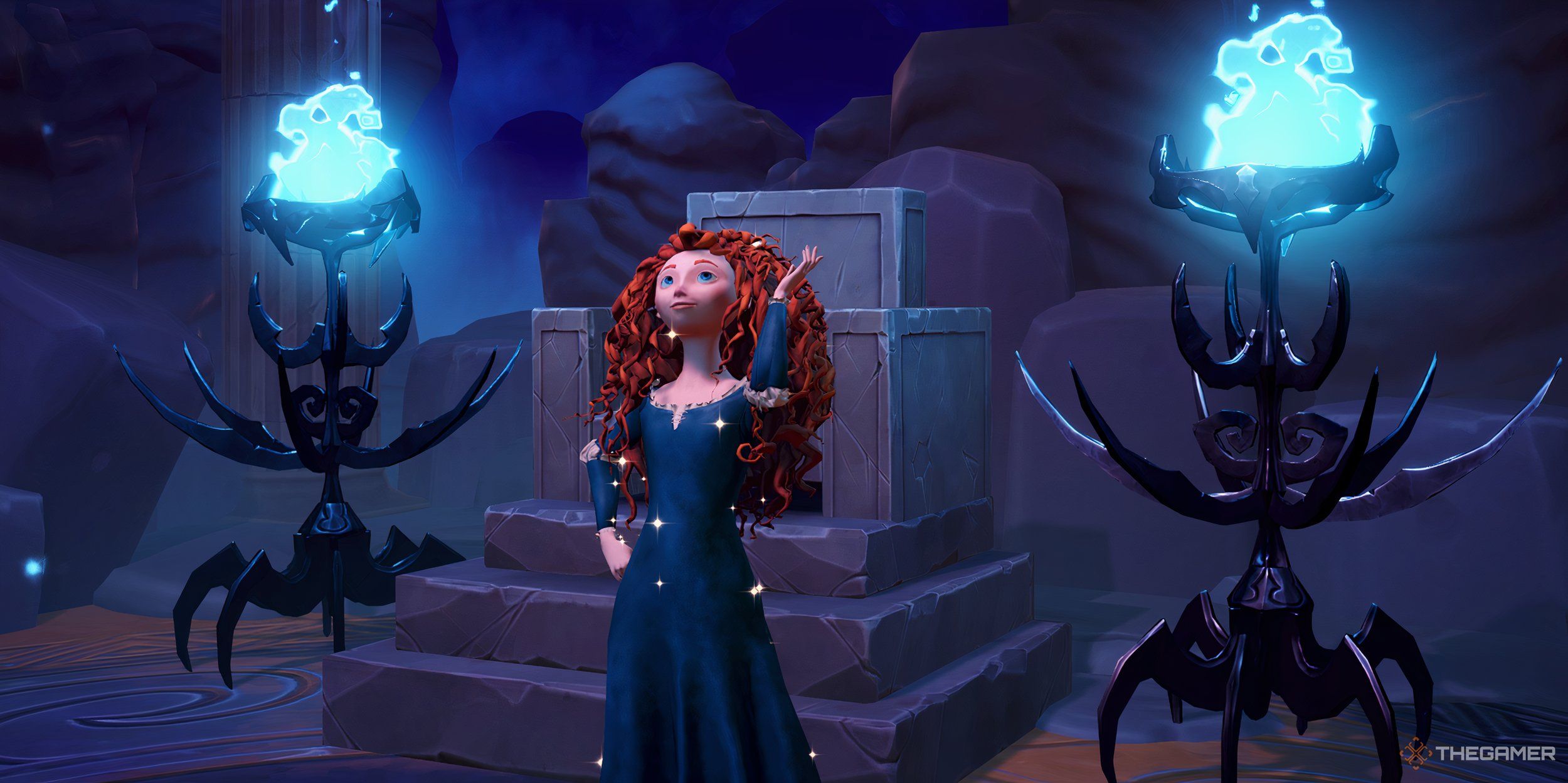 Merida flipping her hair over her shoulder beside Hades' throne.