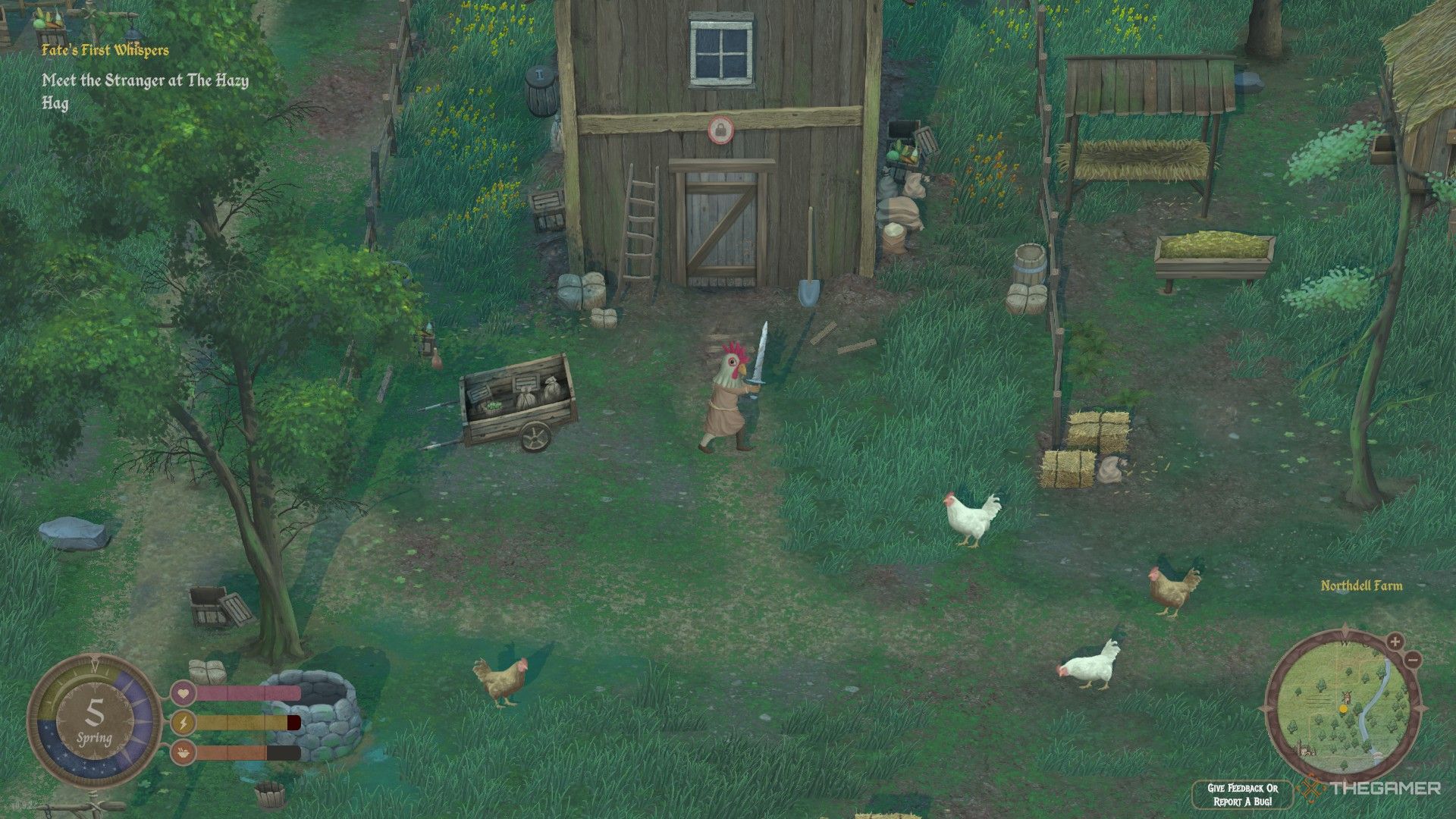 Player brandishing iron sword in Mirthwood with a Chicken Hat on.