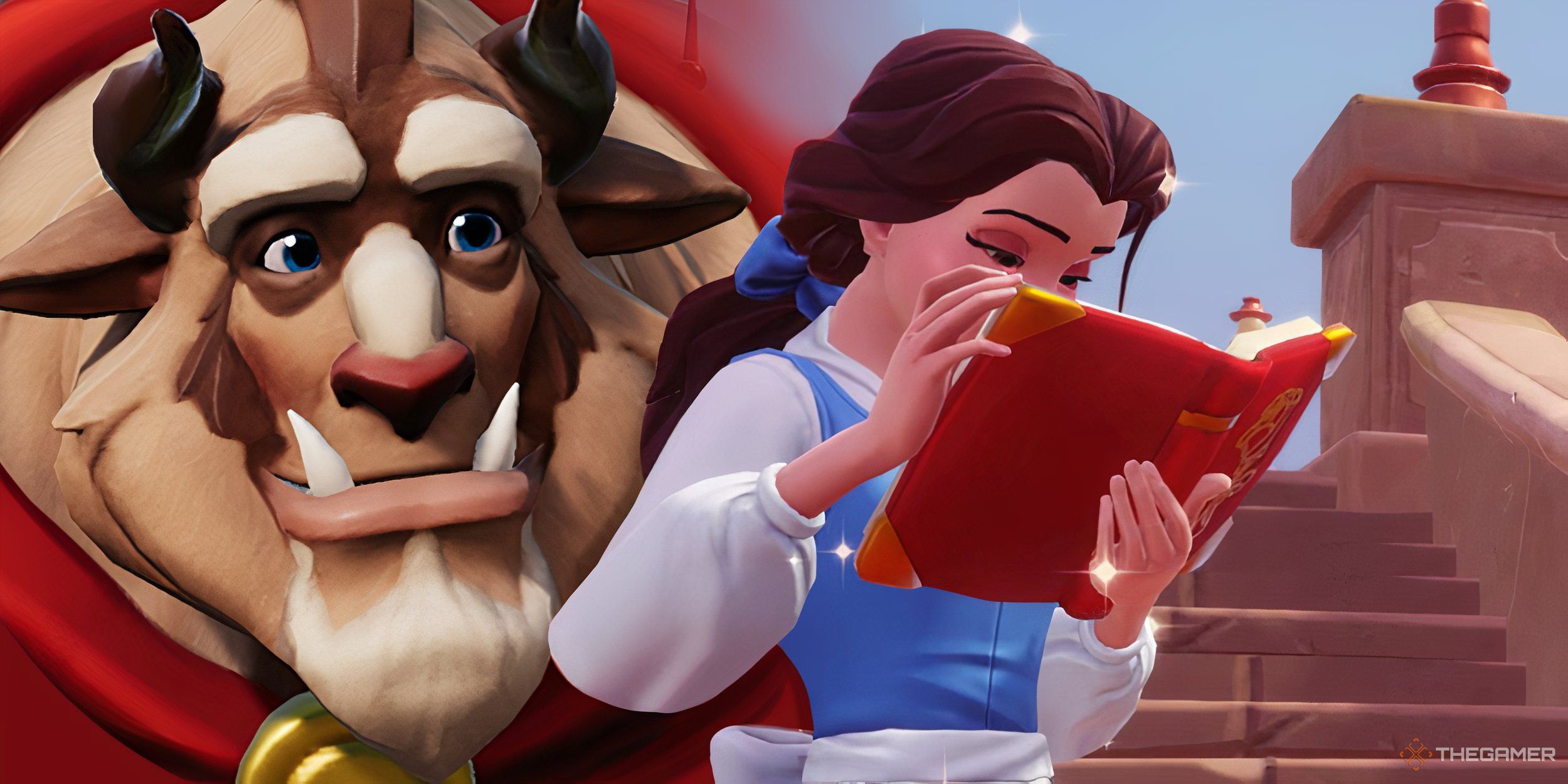 A collage of Belle reading a book with the Beast looking at her lovingly.