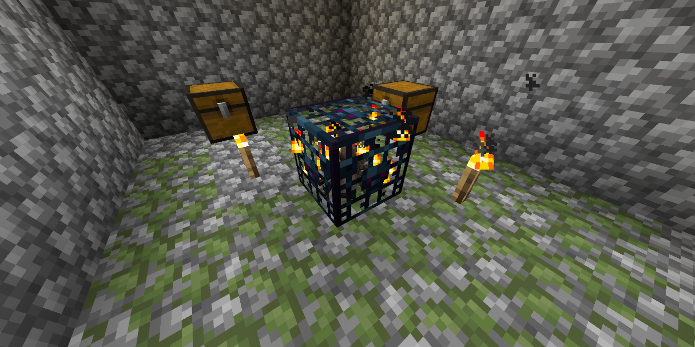 A Minecraft spawner inside a dungeon.