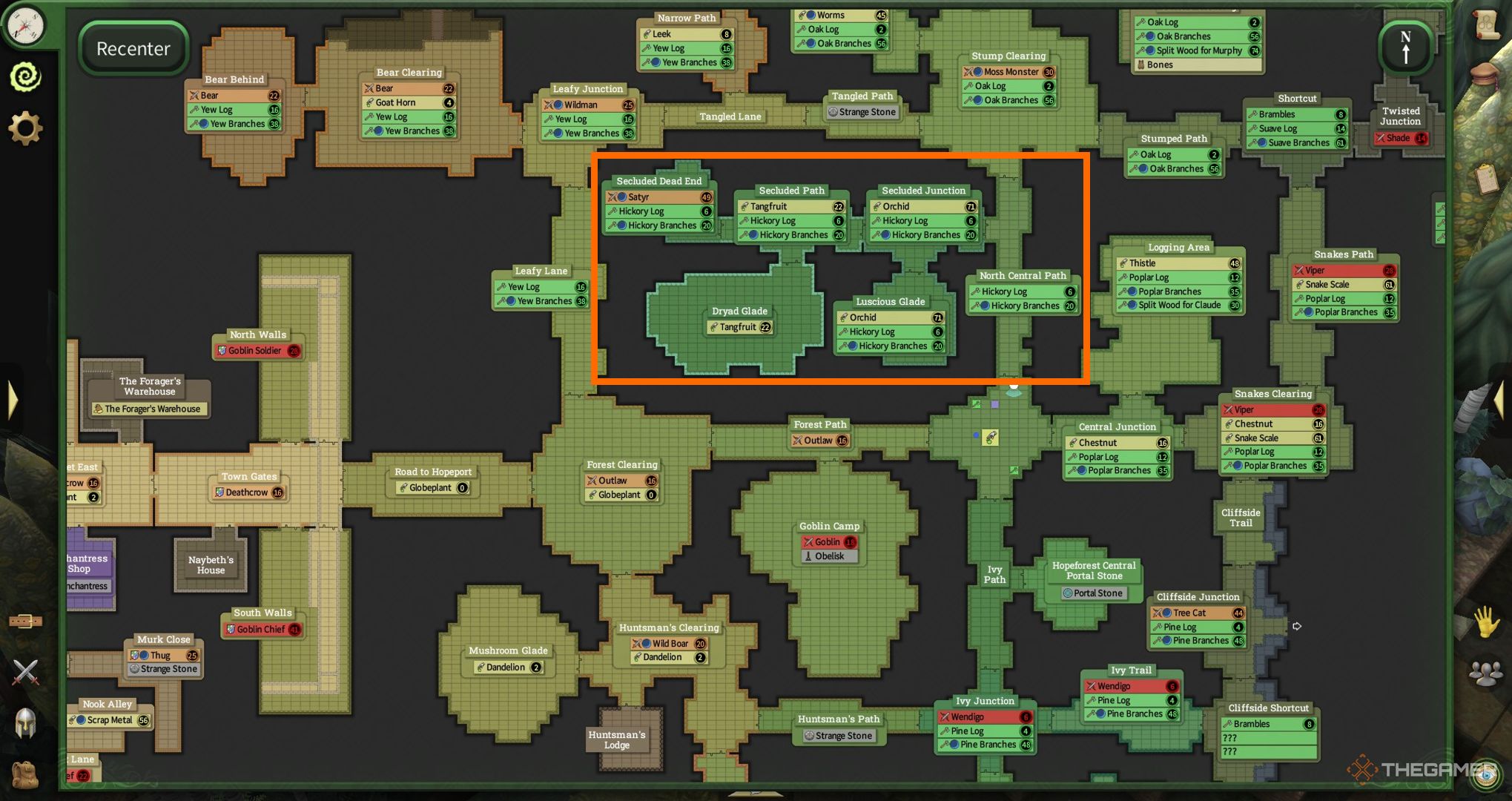 A Hopeforest map with areas that have Hickory trees marked.