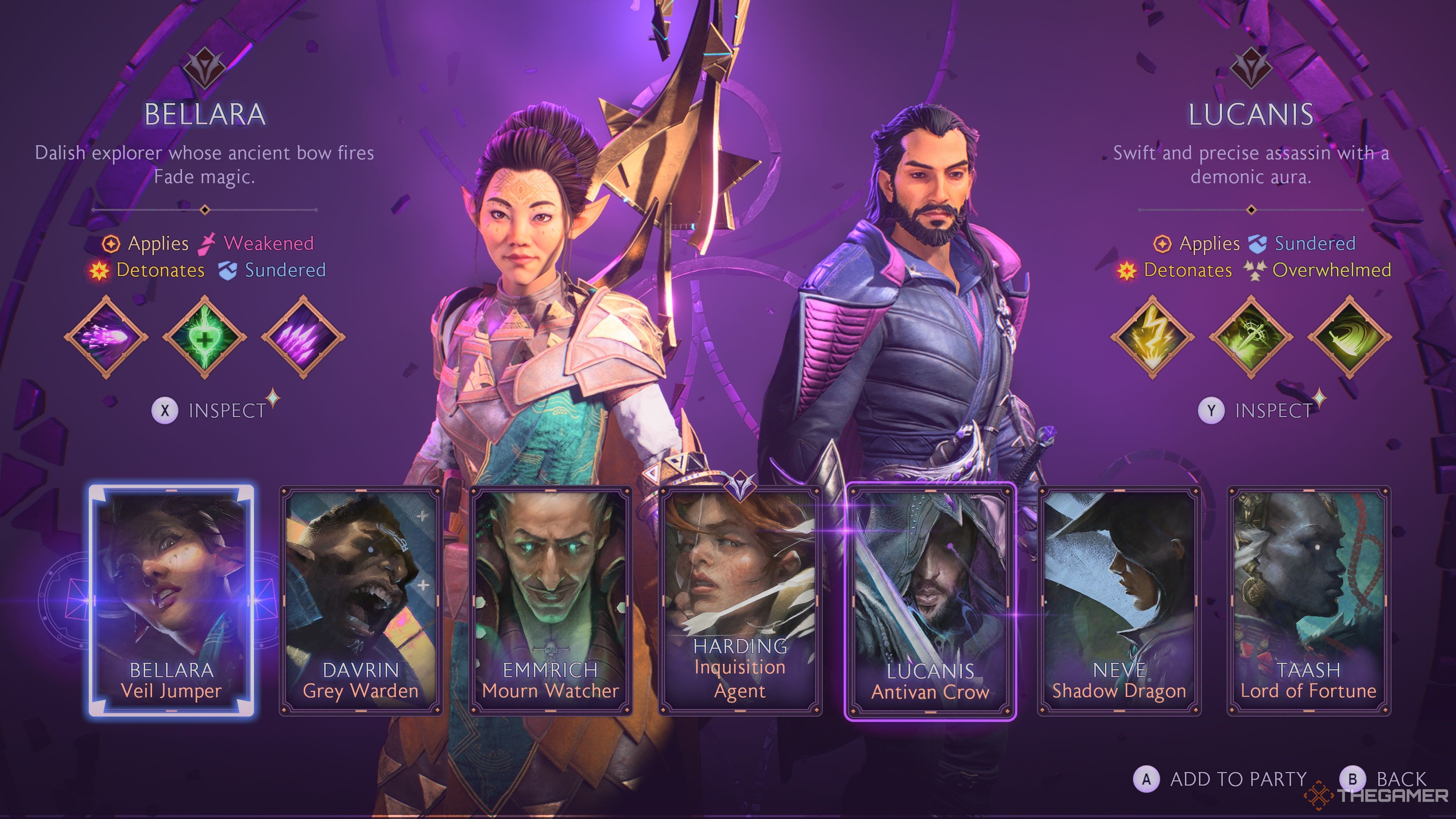 Bellara And Lucanis in the menu of Dragon Age: The Veilguard.