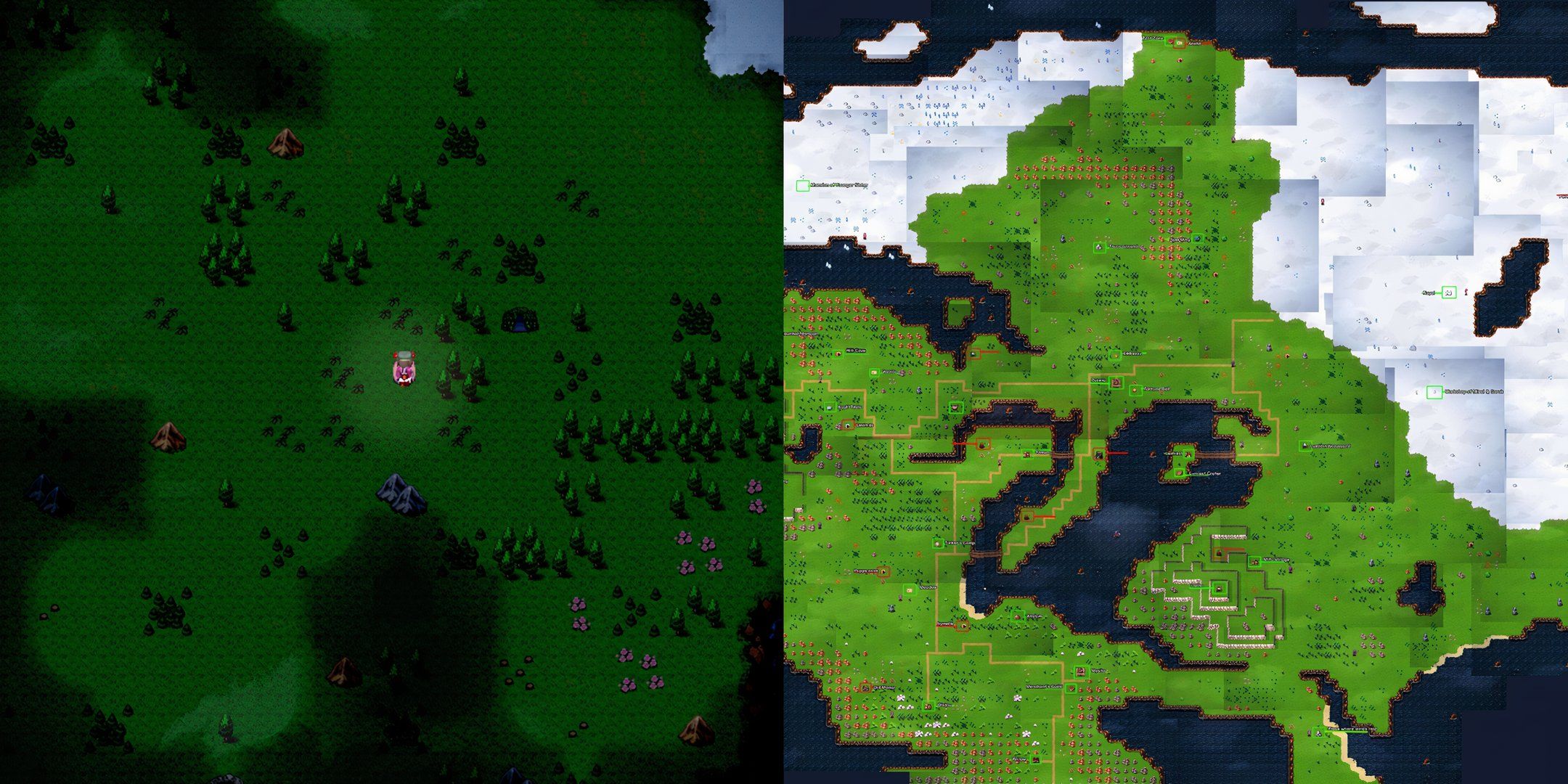 A dark forest map in Elona on the left shows trees and the player standing in the middle, The world map of Elin so far on the right has greenlands from the bottom to the top and two snowy areas to the left and the right of the map.