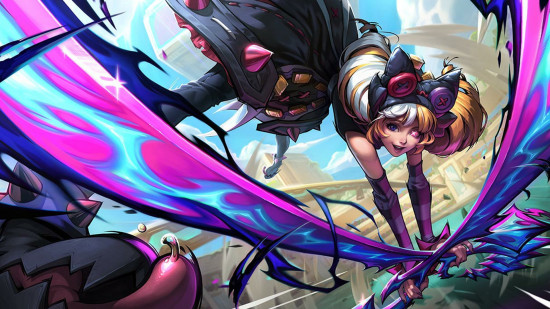 LoL skin sale: a cel-shaded woman wielding a bright purple pair of scissors as a weapon.