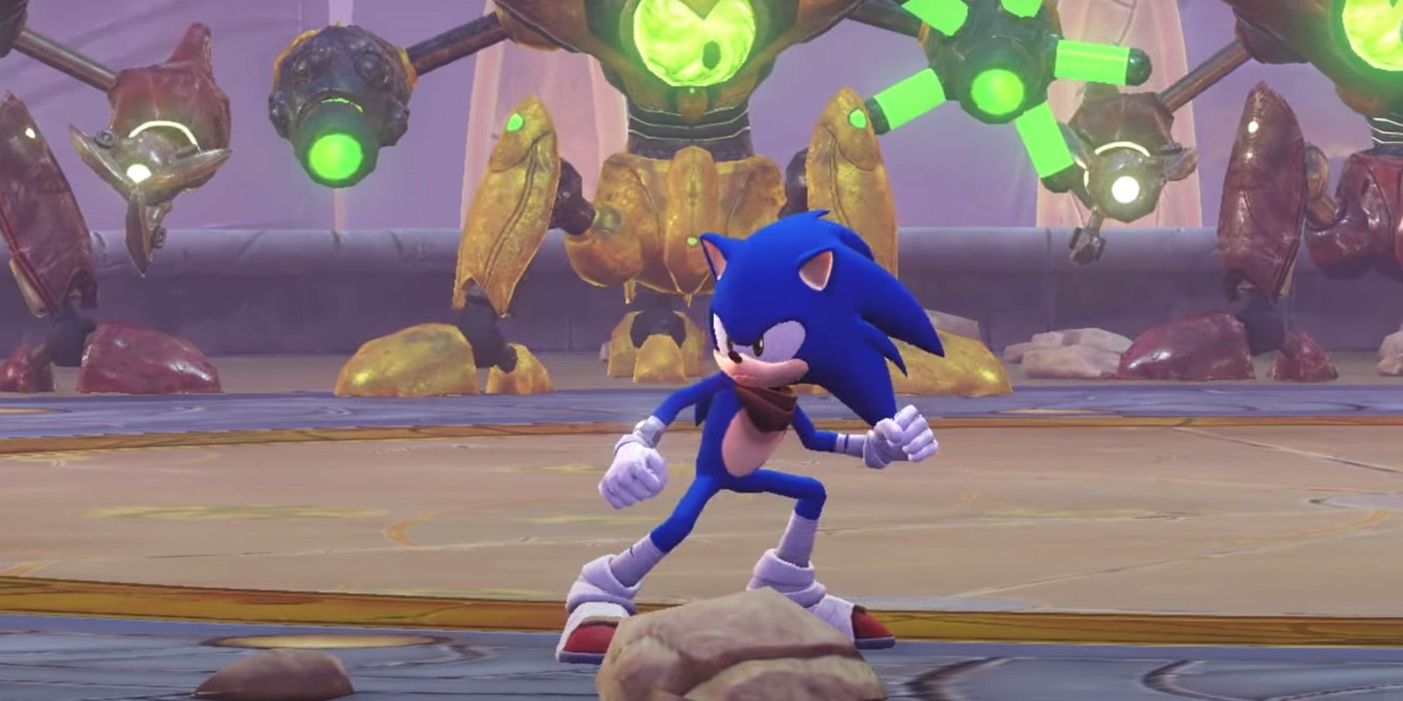 Sonic preparing to fight while surrounded by robots from Sonic Boom: Rise of Lyric.