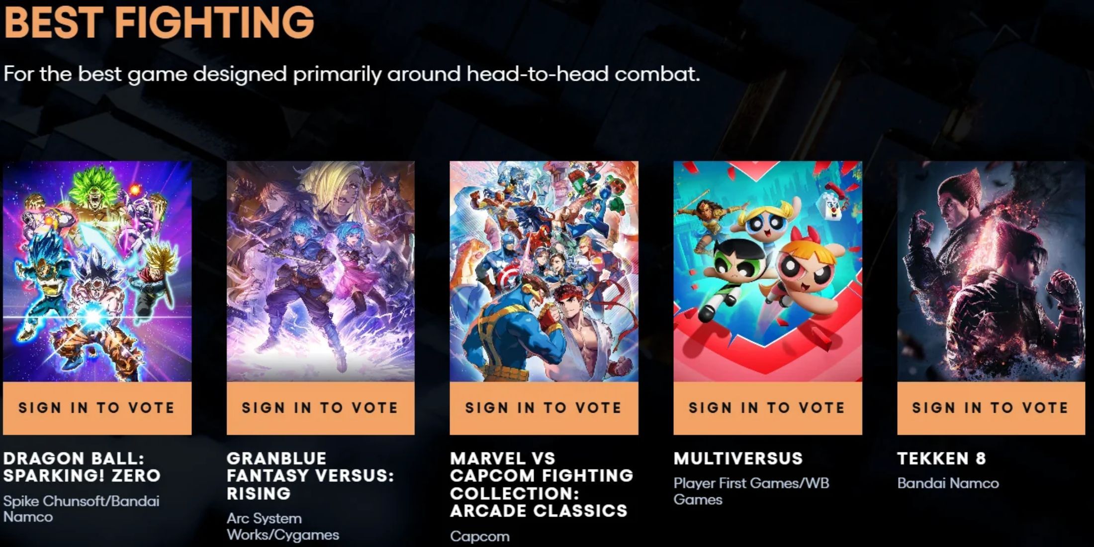 Official image announcing the nominees for the Best Fighting Game award in The Game Awards 2024