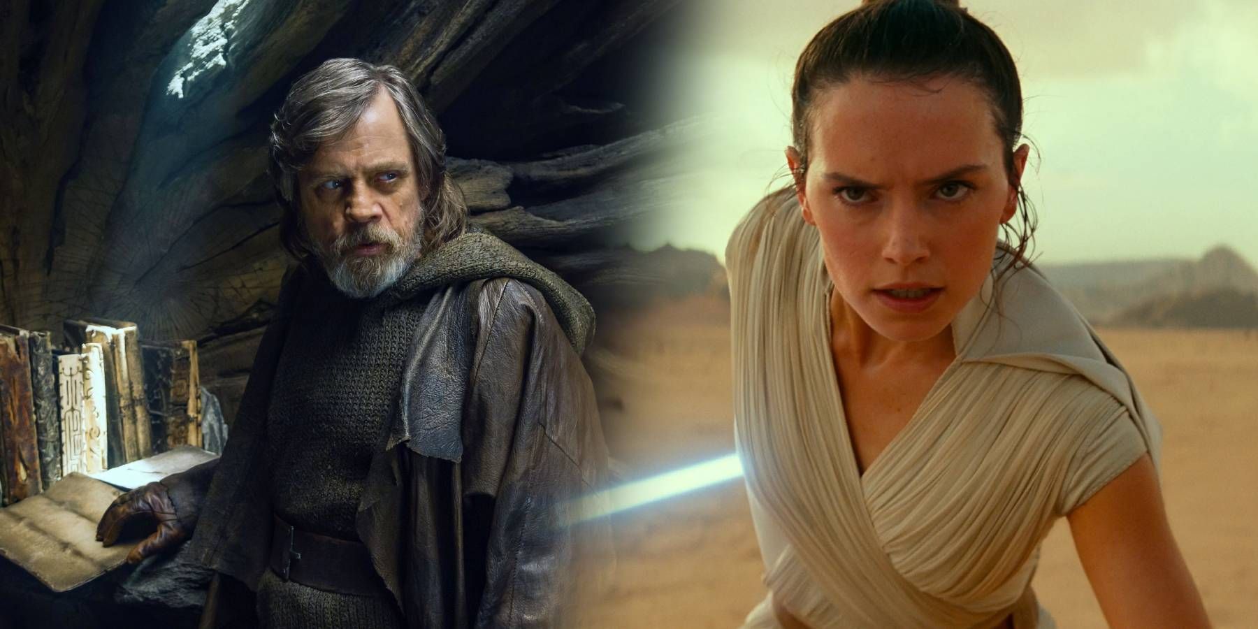 Mark Hamill as Luke Skywalker in Star Wars: Episode VIII: The Last Jedi and Daisy Ridley as Rey in Star Wars: Episode IX: The Rise of Skywalker