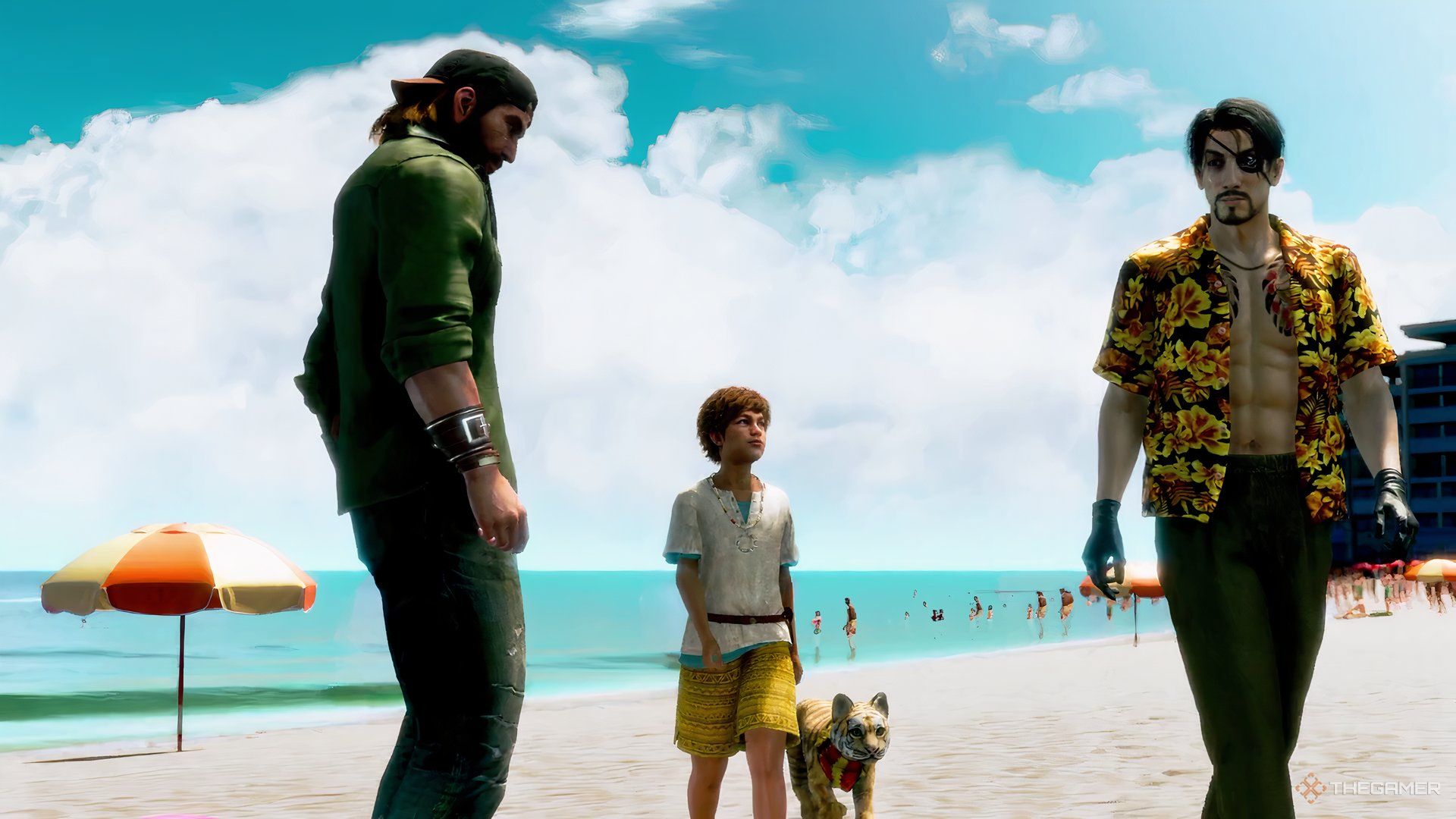 Majima and friends on the beach in Like a Dragon Pirate Yakuza in Hawaii.