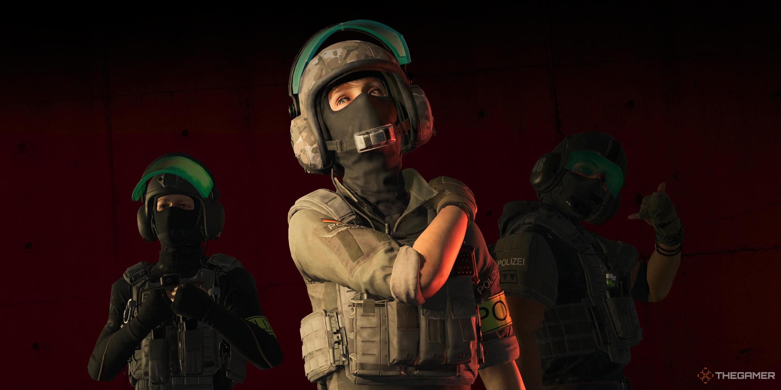 The three GSK operators standing in a line in XDefiant.