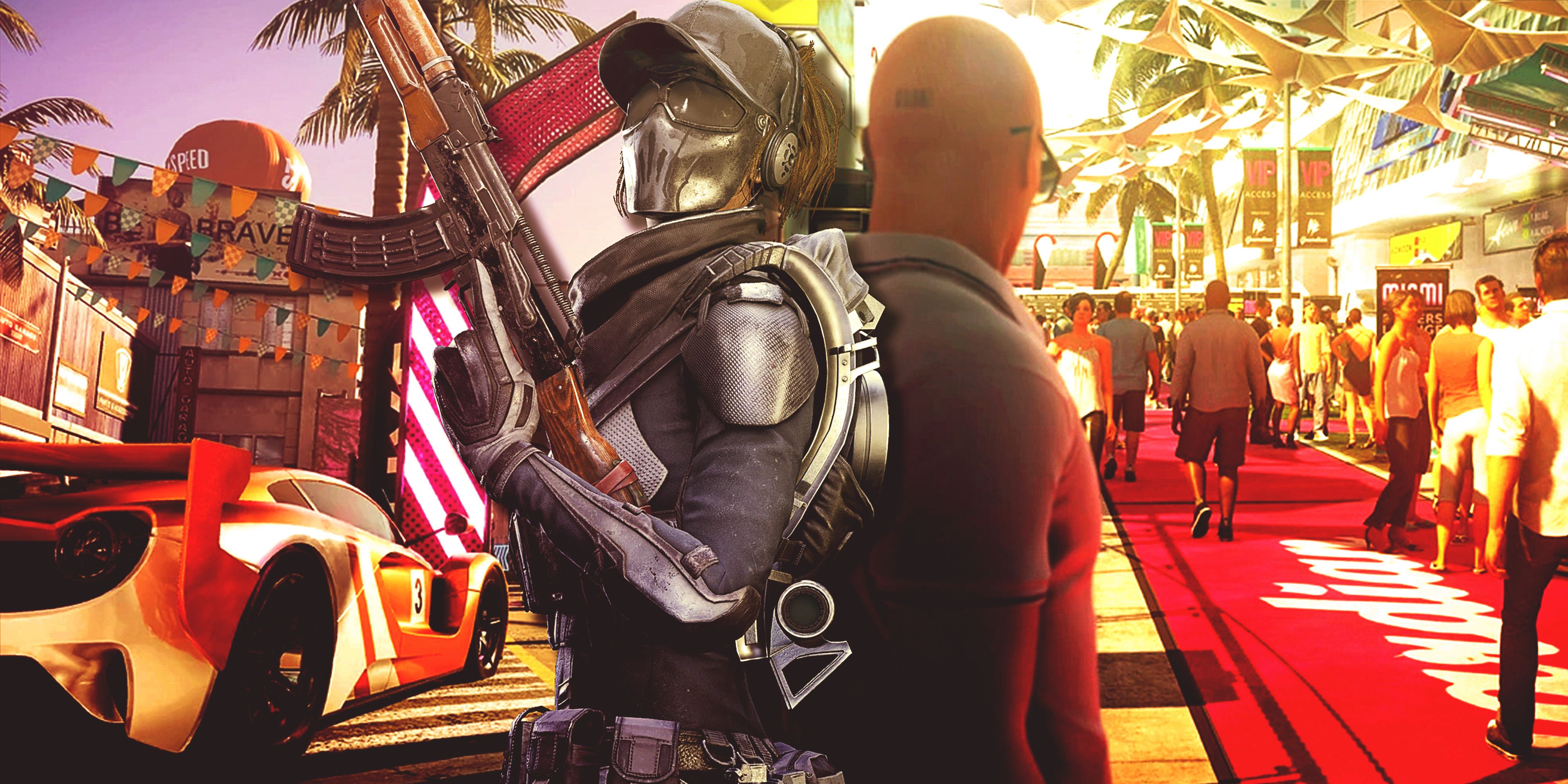 Split image with Daytona from XDefiant on the left and Hitman 2's Miami level on the right. At the center, an XDefiant character is back-to-back with Agent 47.