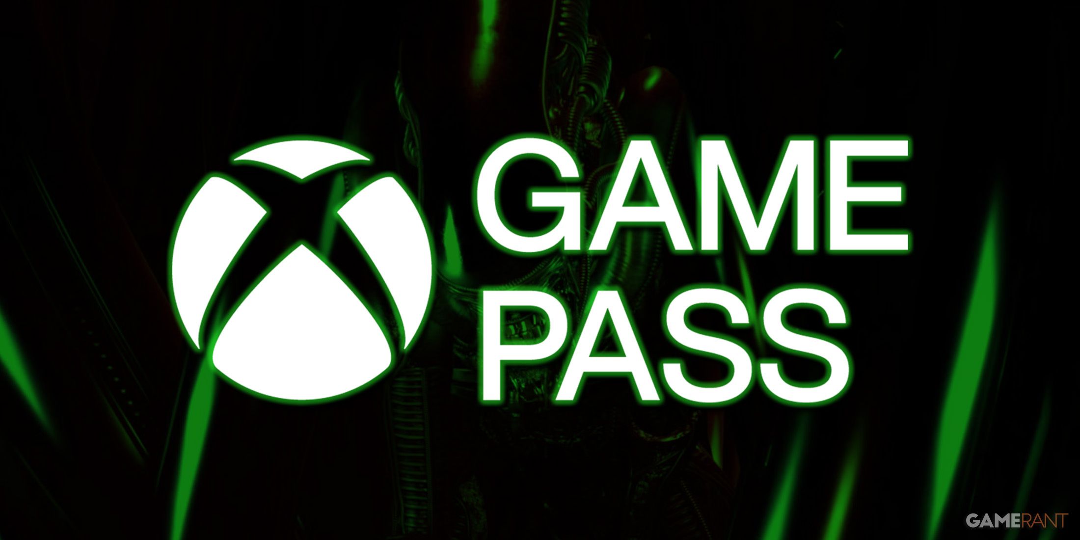 Xbox Game Pass white and glowing logo over green-tinted Aliens Dark Descent Xenomorph promo screenshot