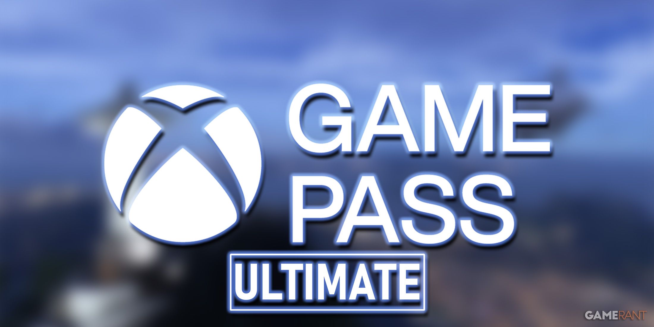 glowing blue Xbox Game Pass Ultimate logo over blurred Microsoft Flight Simulator 2024 promo screenshot