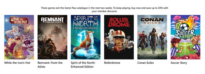 A screenshot listed as games leaving the Game Pass catalogue in the next two weeks: Remnant: From the Ashes, Soccer Story, Rollerdrome, Conan Exiles, Spirit of the North, and While the Iron's Hot