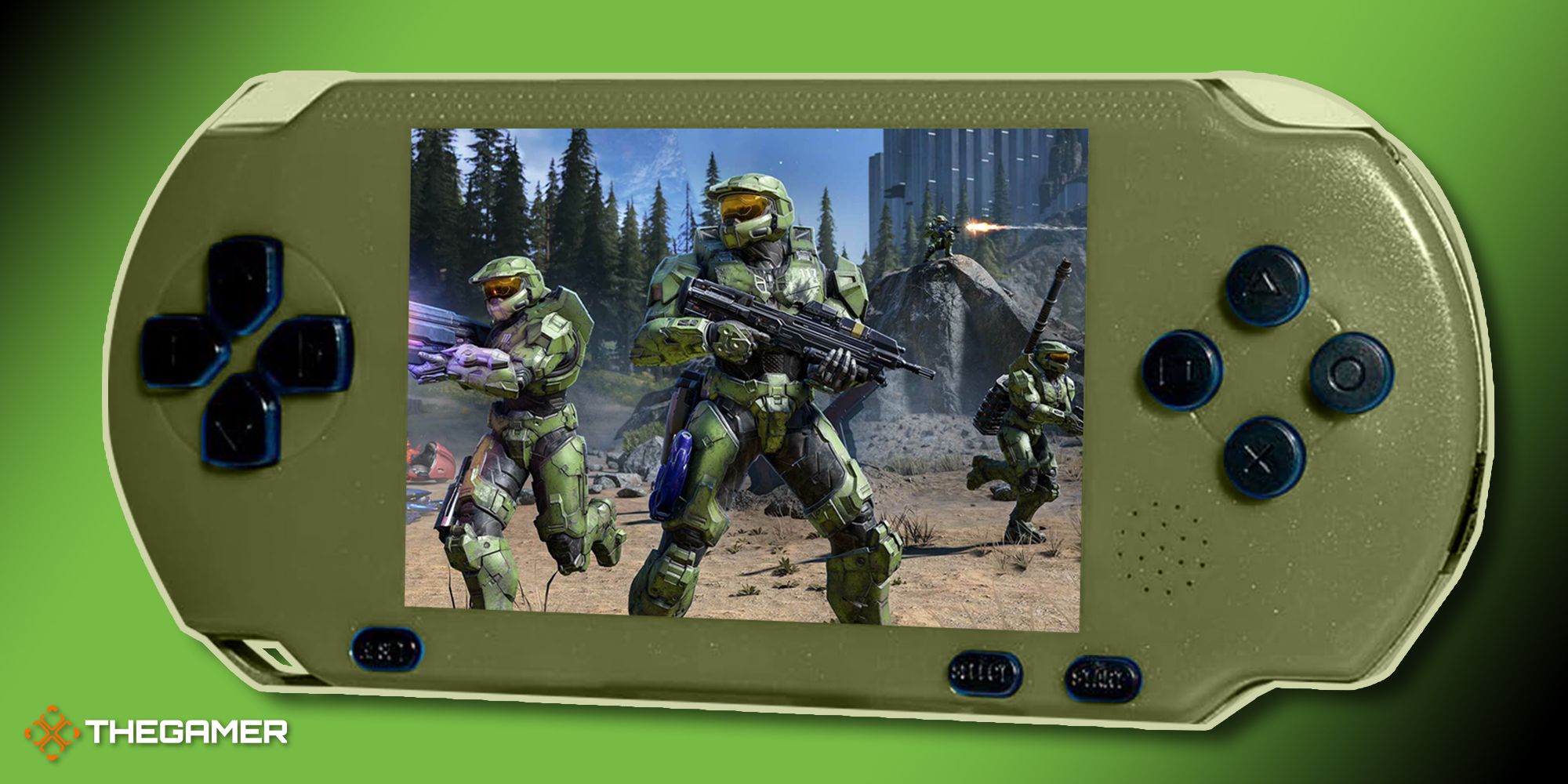 An army green handheld console displaying Halo