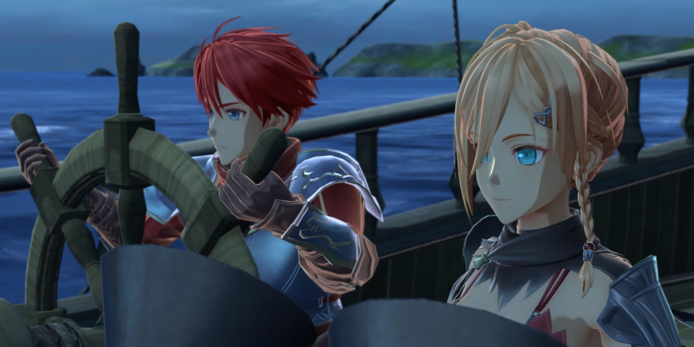 Ys 10 Nordics - Adol and Karja sailing in the Sandras wearing the DLC armor