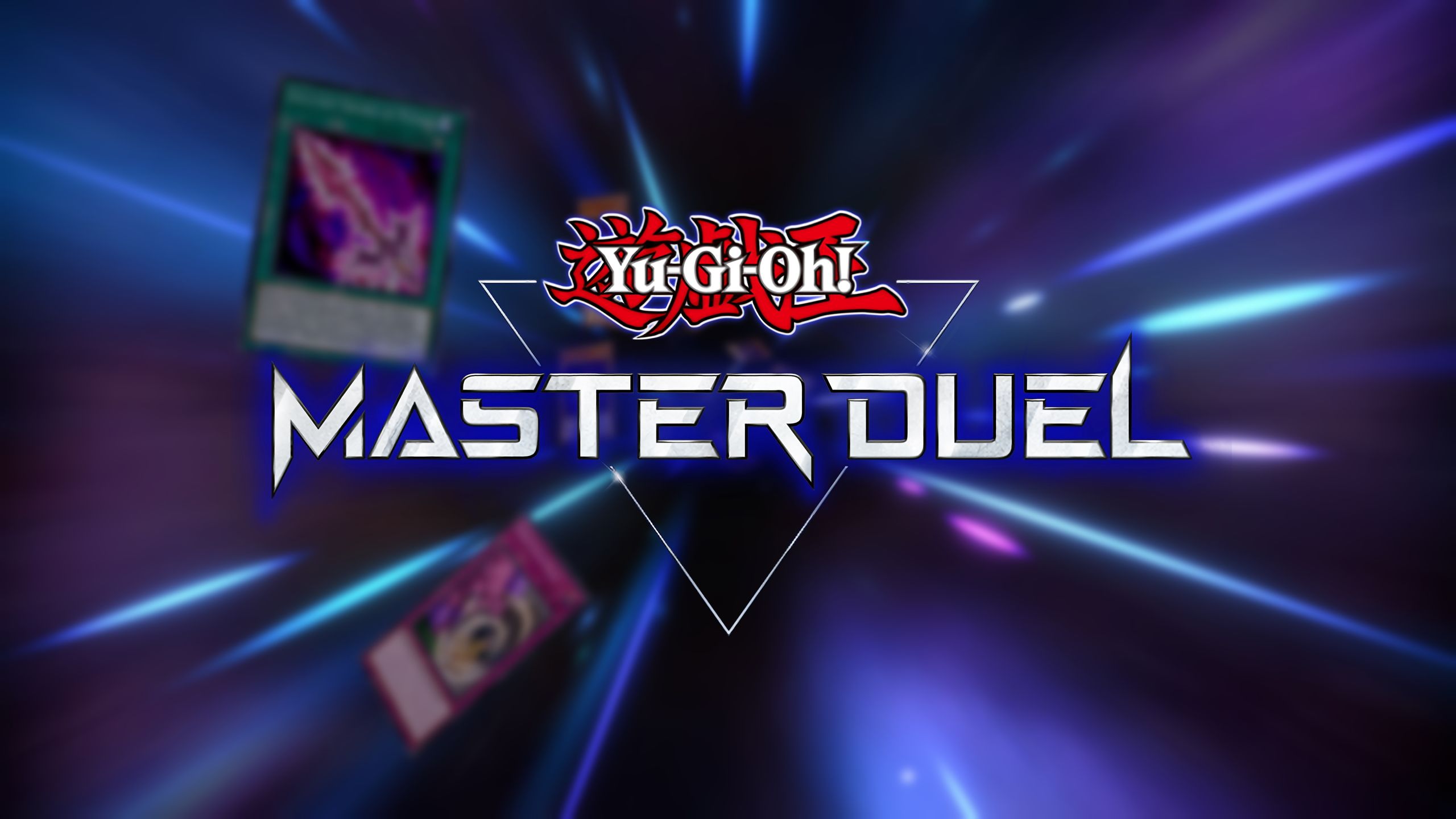 The Yu-Gi-Oh Master Duel logo set against a blurred background of cards from the game.