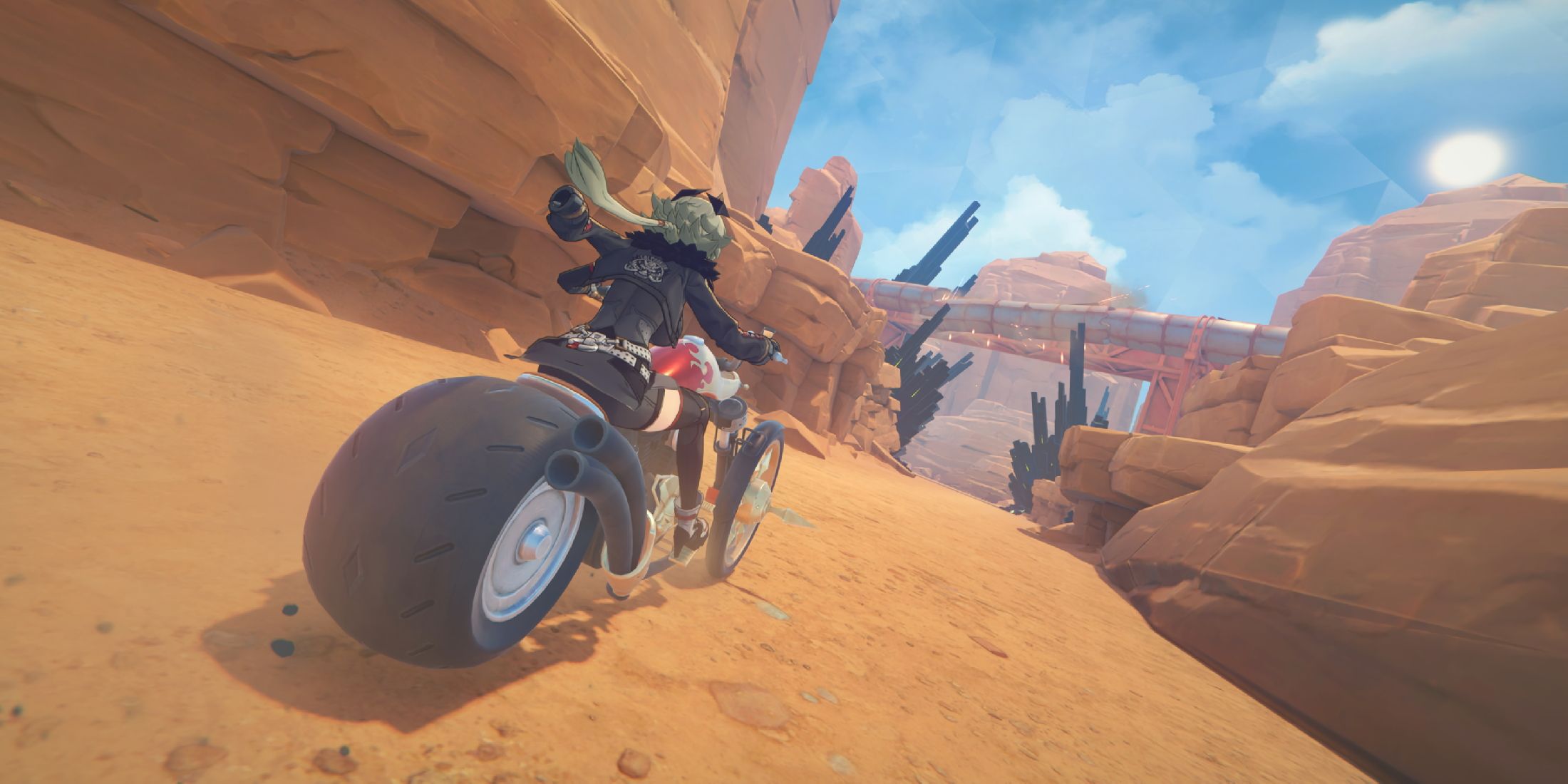 An image from Zenless Zone Zero of playable character Caesar riding her motorcycle.