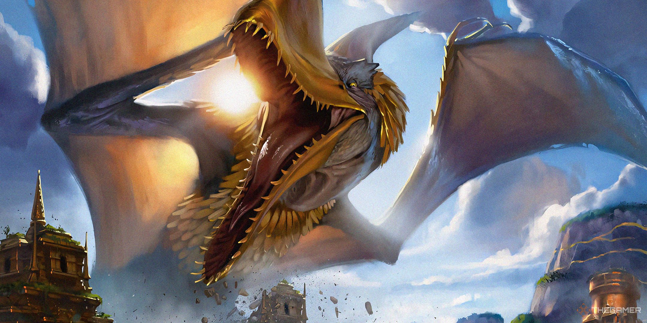 MTG's Zetalpa, Primal Dawn by Chris Rallis, showing a huge, flying dinosaur destroying a city.