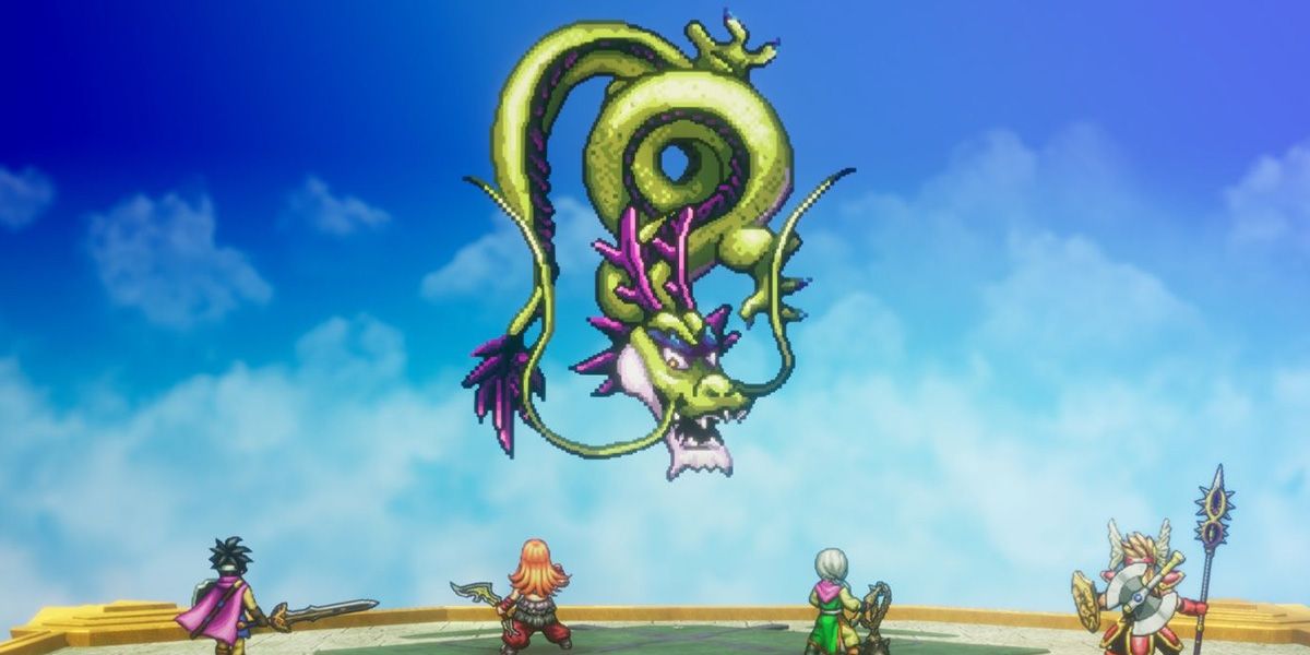 The party of Dragon Quest 3 HD-2D Remake confronts the dragon Xenlon.