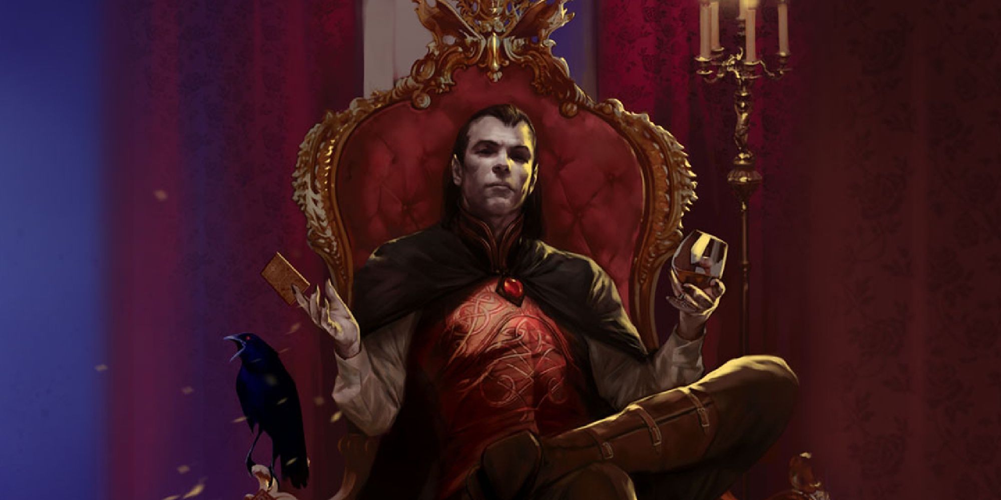 Dungeons and Dragons official WotC art The vampire lord Strahd sits on a throne holding a glass of red liquid on one hand and a tarokka card in the other. 