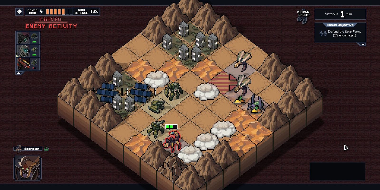 Into the Breach grid warfare in rocky desert isometric setting